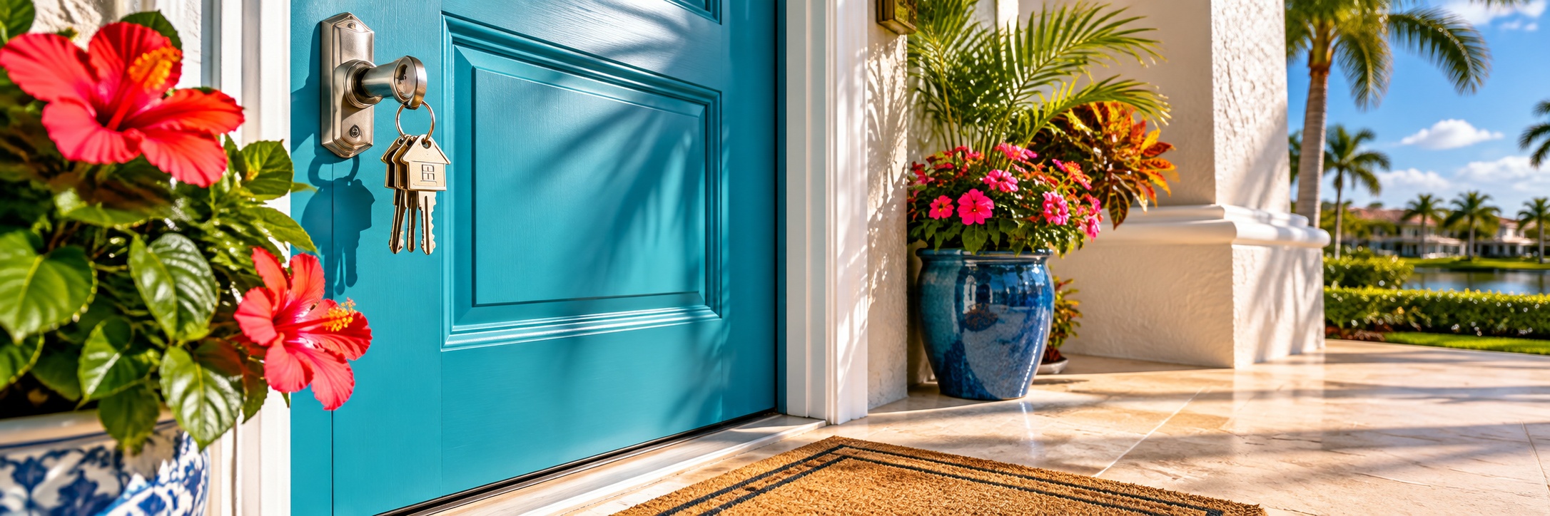 A set of keys hanging in the lock of a front door, hibiscus and planting either side, palms and water behind