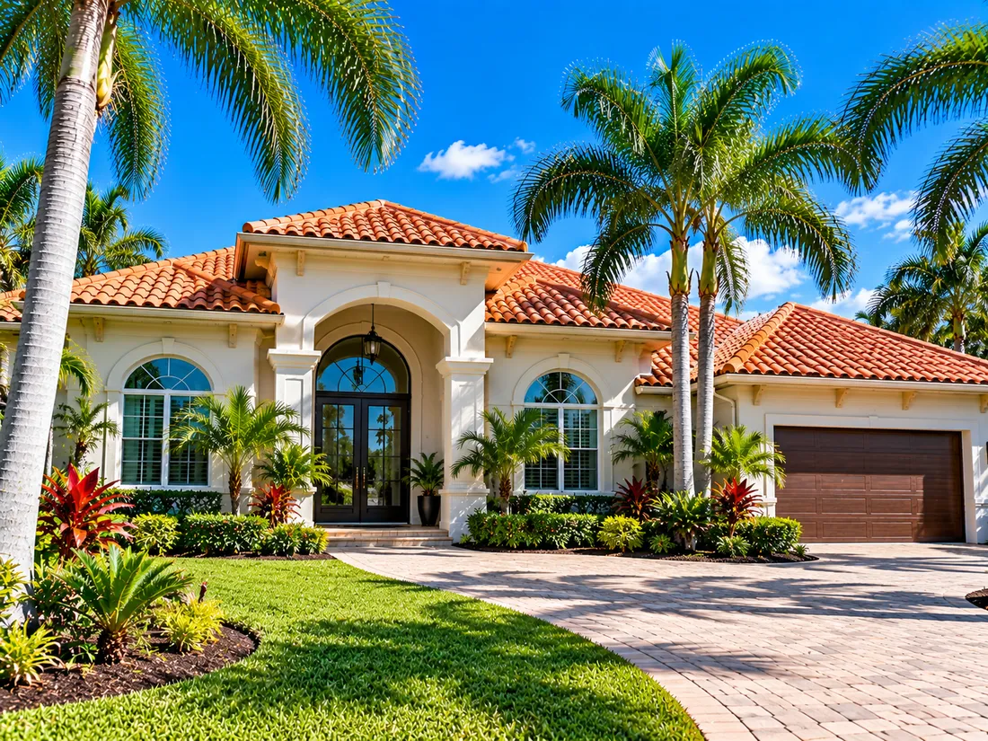 A Florida house seen from the front in strong daylight, barrel tile roof and a short driveway