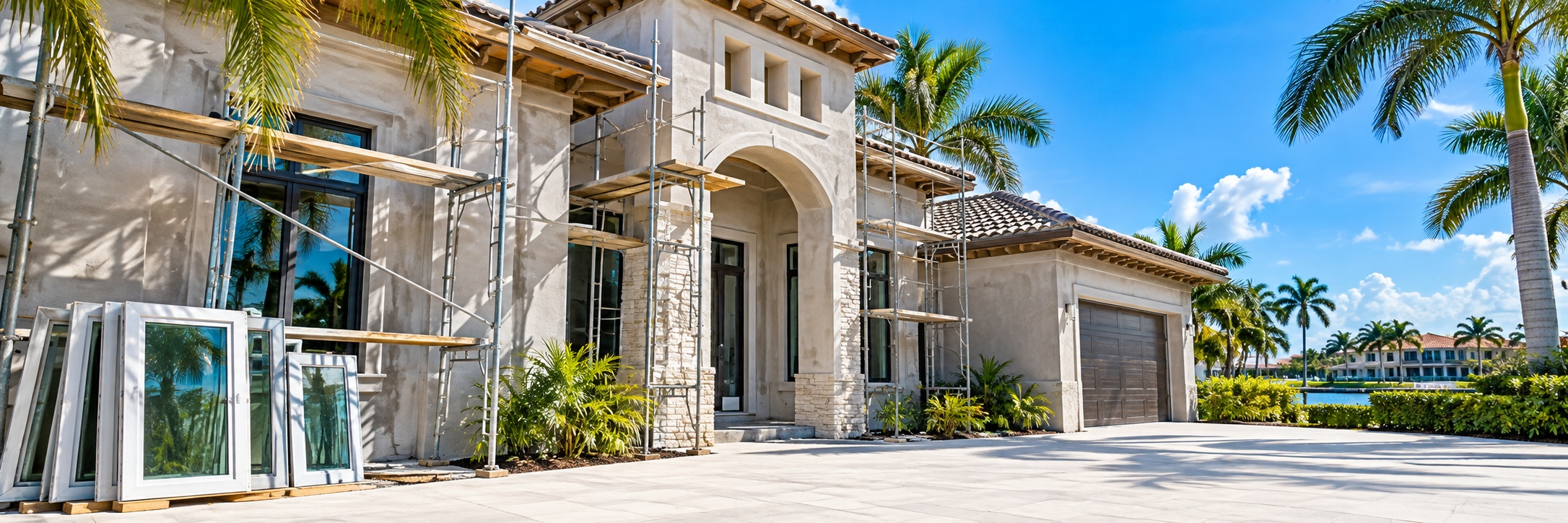 A single-story Florida house under renovation, with scaffolding along the front, an arched entry on two columns, new windows stacked against the wall and water behind to the right