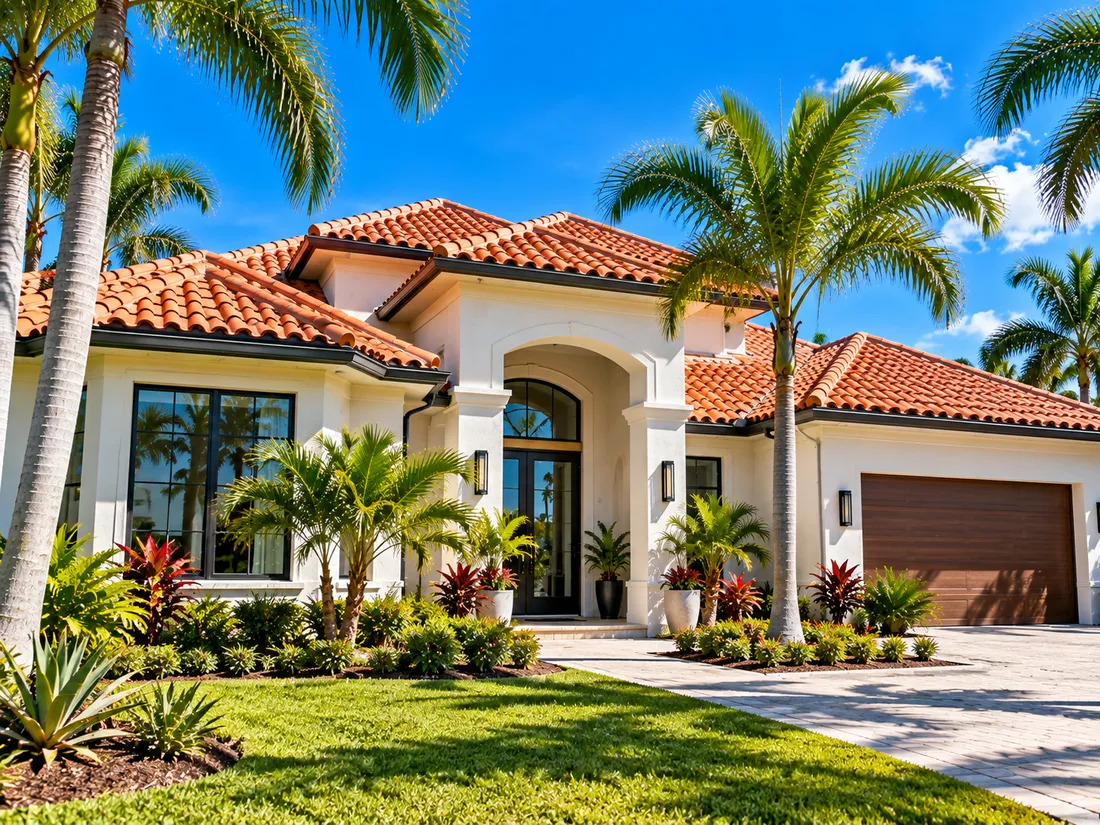 A finished single-story Florida house with a barrel tile roof, an arched entry, fresh paint and new planting