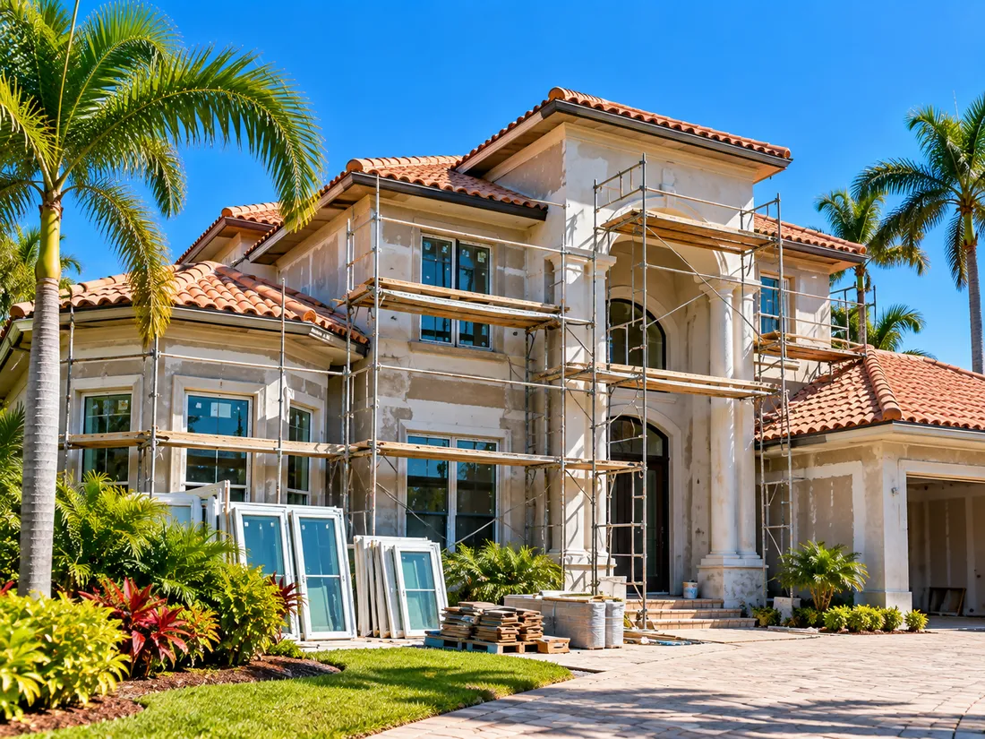 A two-story Florida house under renovation with scaffolding across the front and new windows stacked against the wall