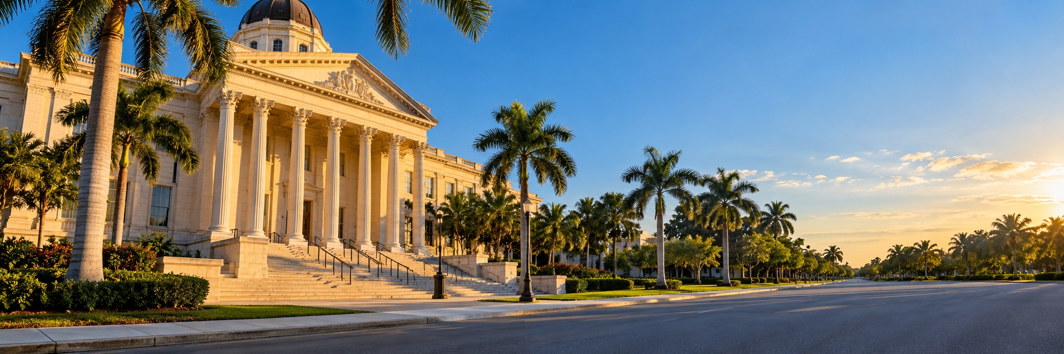 A Florida civic building with a dome and a columned front, palm trees along the street and an empty road in low sun