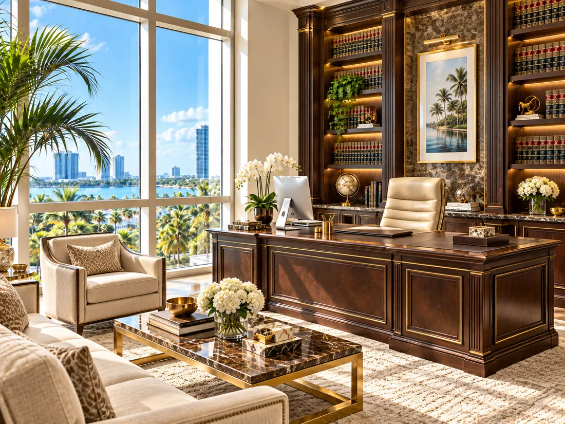 A law office with lit shelves of bound volumes, a large desk and a tall window looking out over palms and water