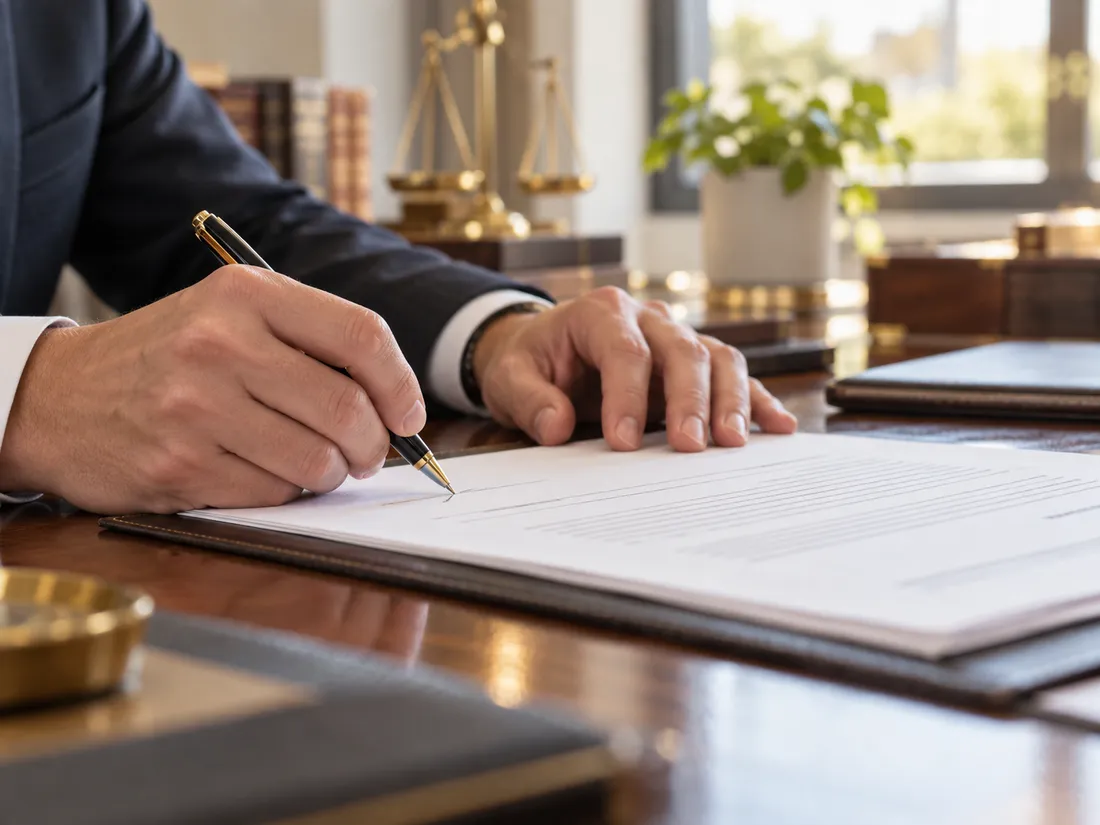 A hand with a pen held above an unsigned document in a leather folder, with brass scales standing on the desk behind