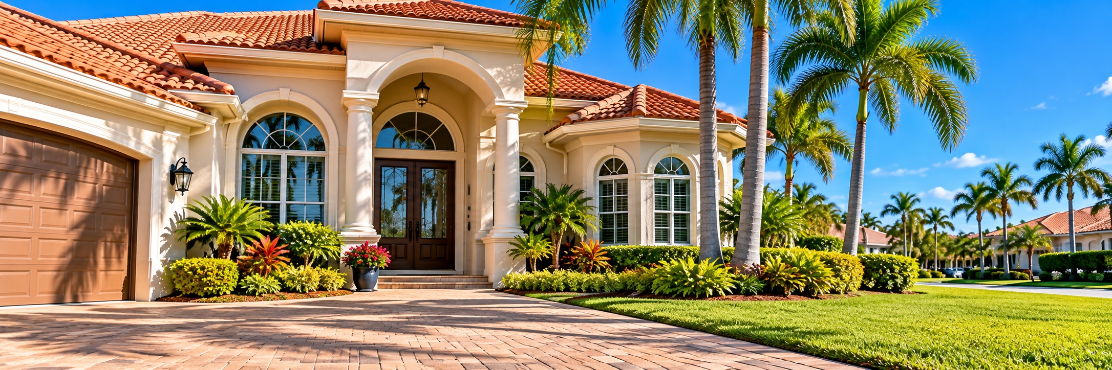 A Florida house with a barrel tile roof and an arched entry, a garage and a paver driveway, palms and a green lawn