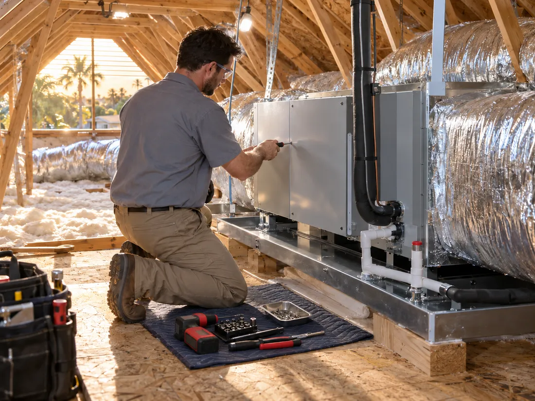 The technician kneeling at an air handler in an attic