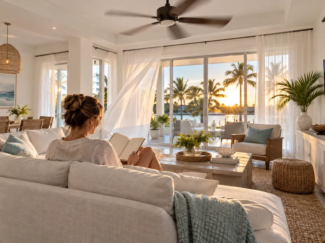 A woman reading on a white sofa in a cool room with the doors open to palms and water