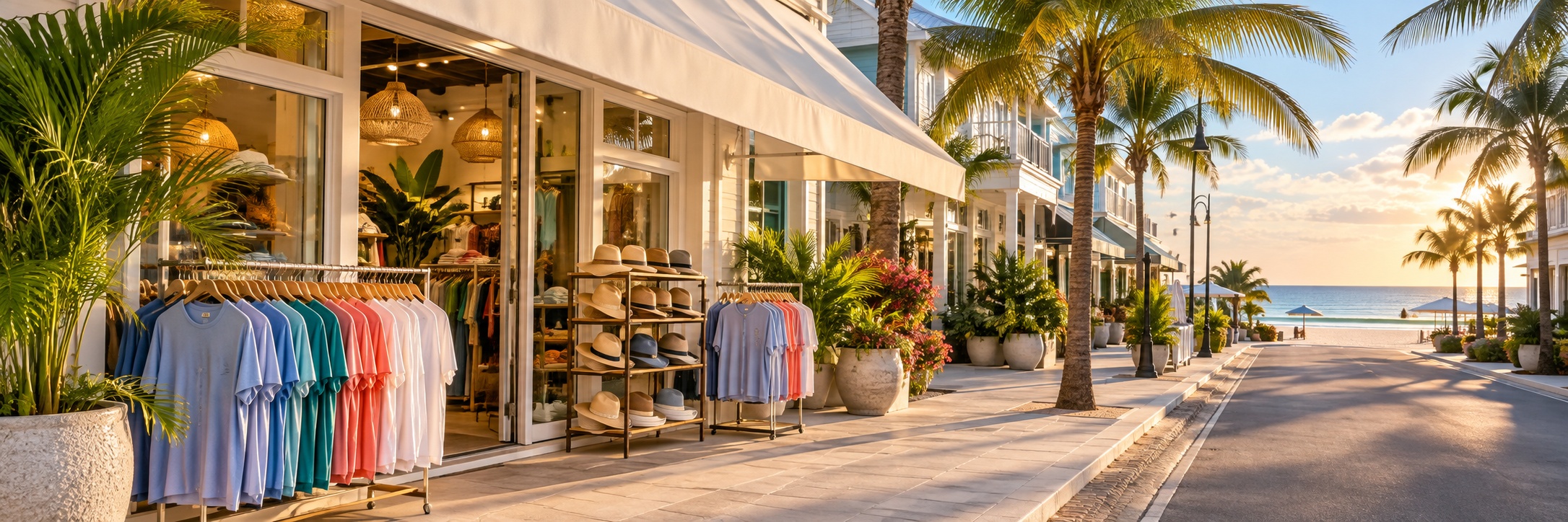 The shopfront, rails of shirts and a rack of hats on the pavement, the street running down to the sea