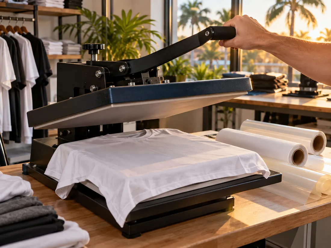 A heat press coming down on a white shirt