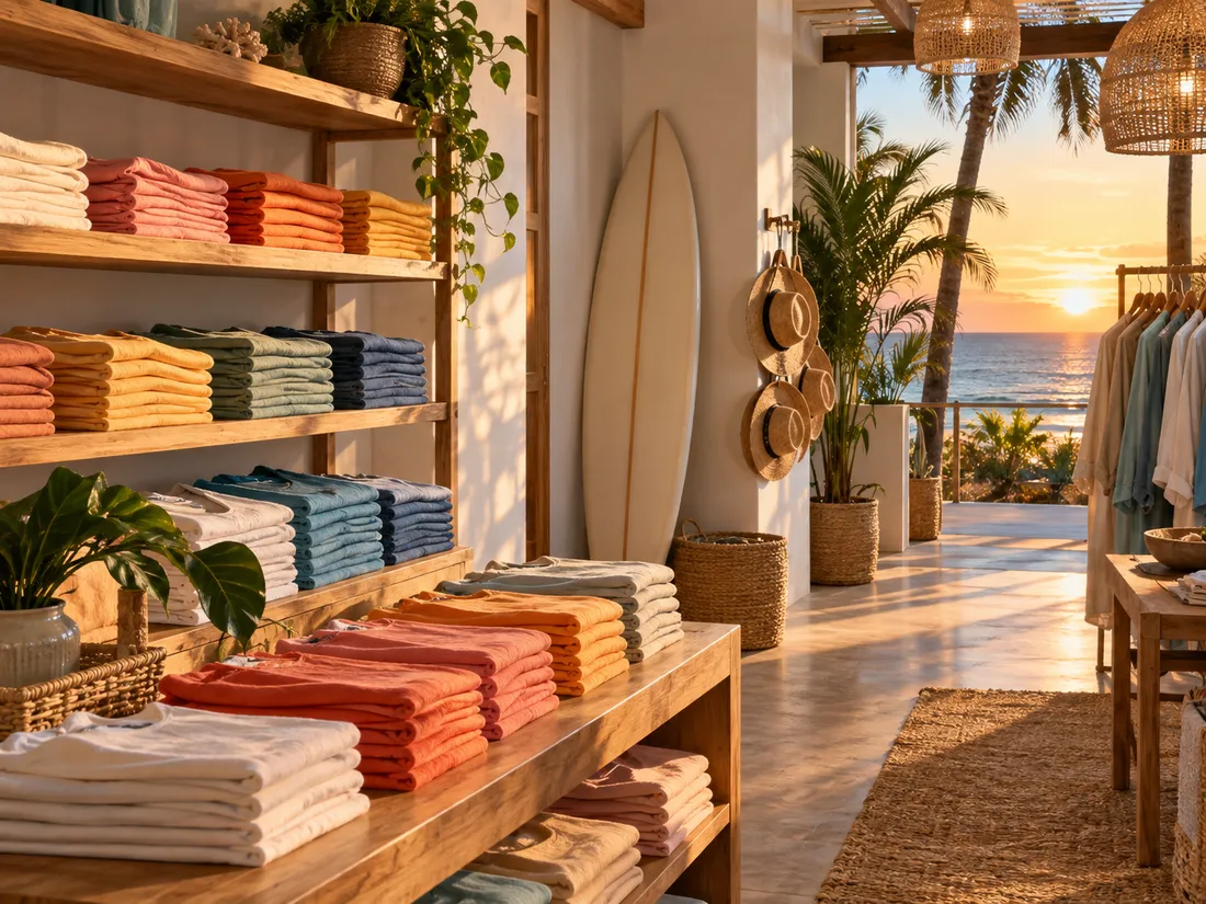 Shelves of folded shirts, open doors to palms and the sea