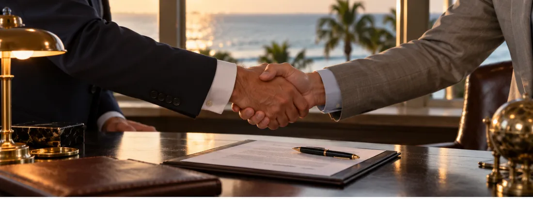 Two hands shaking over a signed document on a dark desk, a brass lamp lit, the sea through the window behind