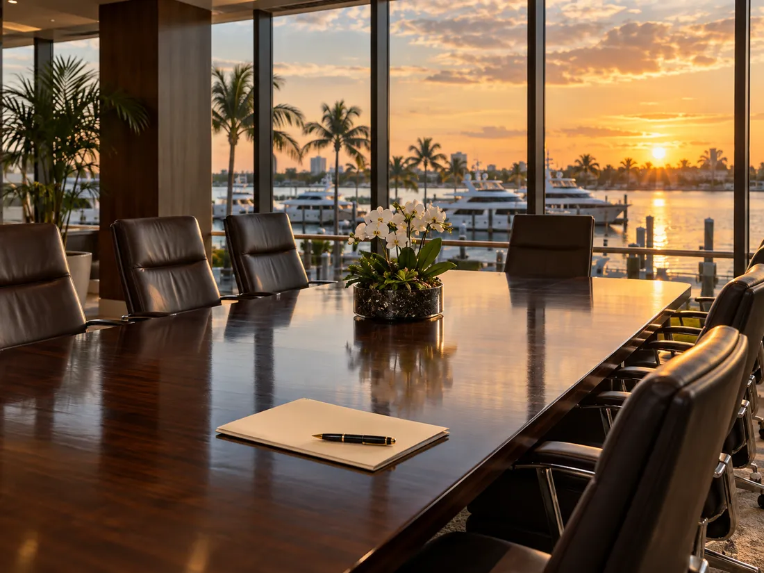 A conference room with a long dark wood table and leather chairs, windows over a marina in low sun