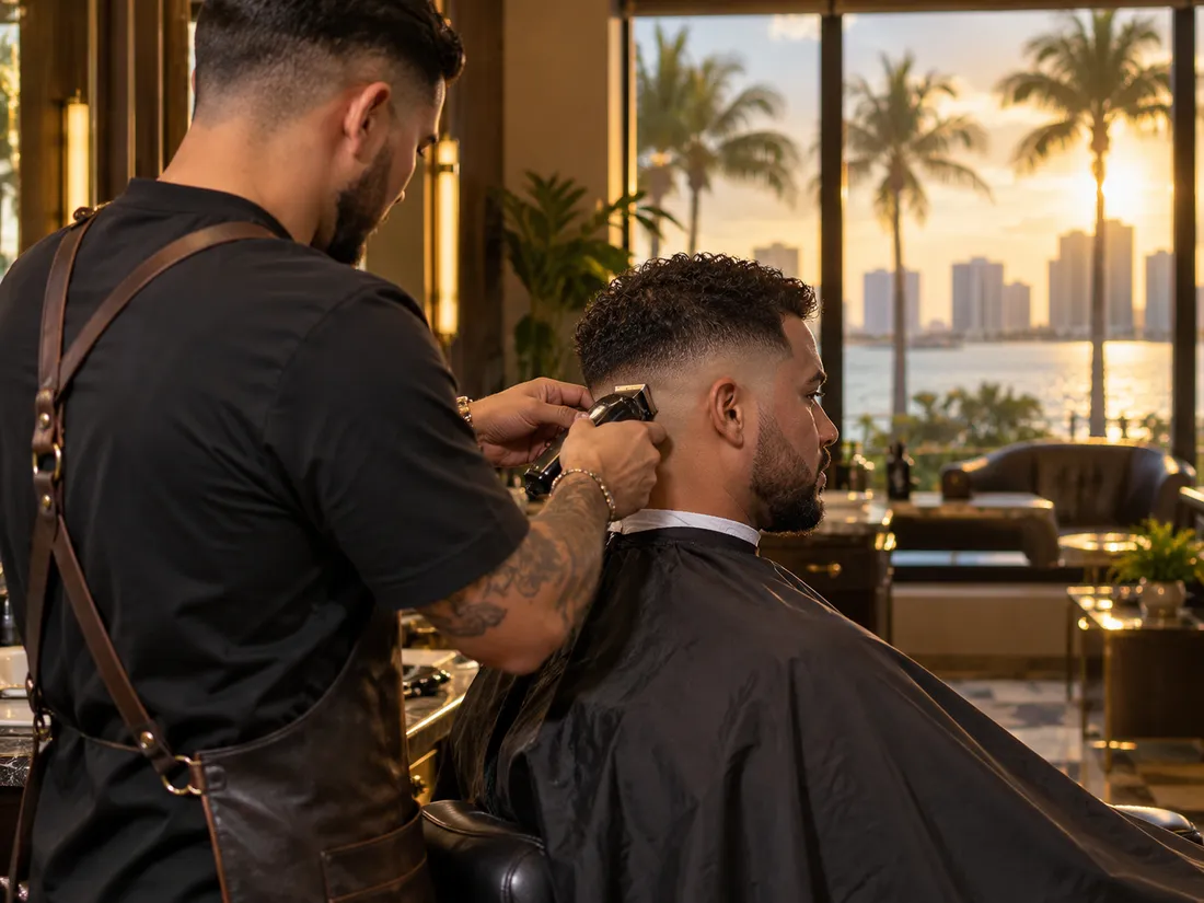 The barber running clippers up a seated client's fade