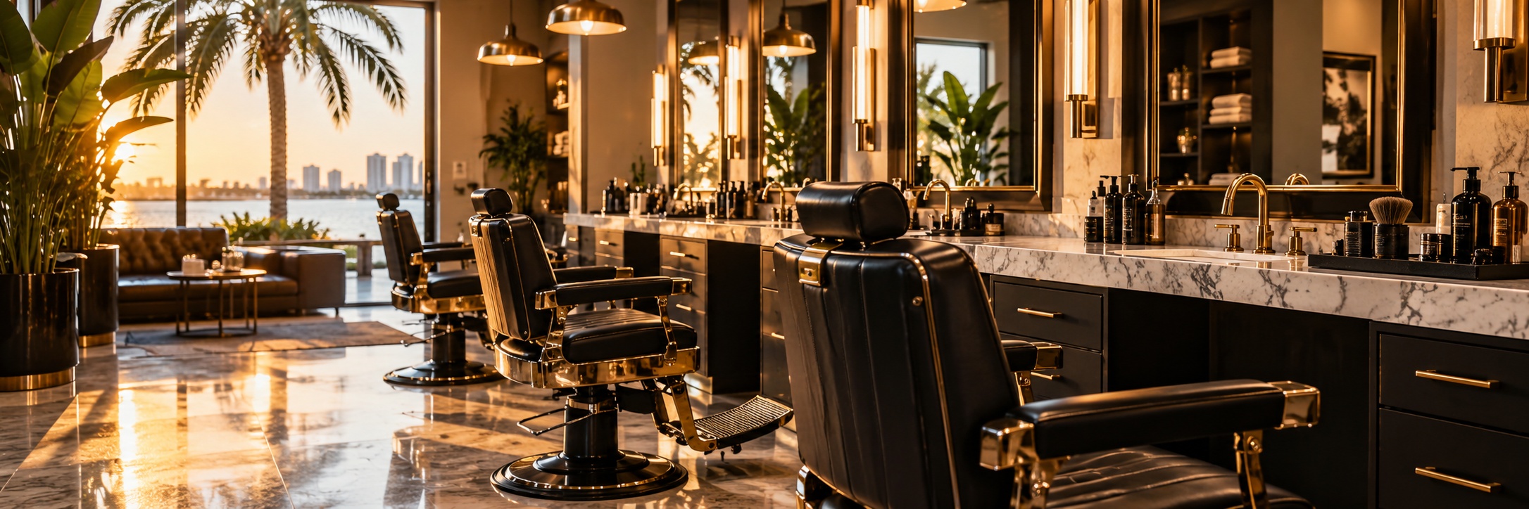The shop at the end of the day, barber chairs and the marble counter, palms and water through the window