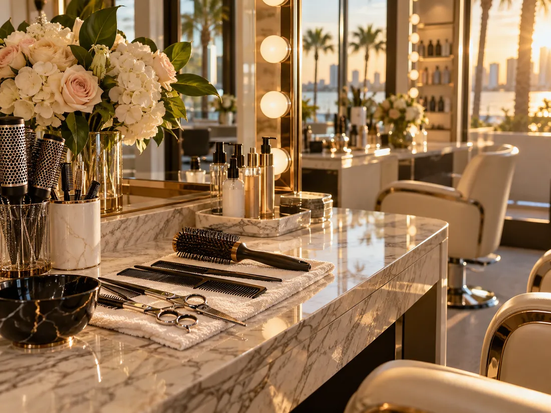 Scissors, combs and brushes on the marble salon counter
