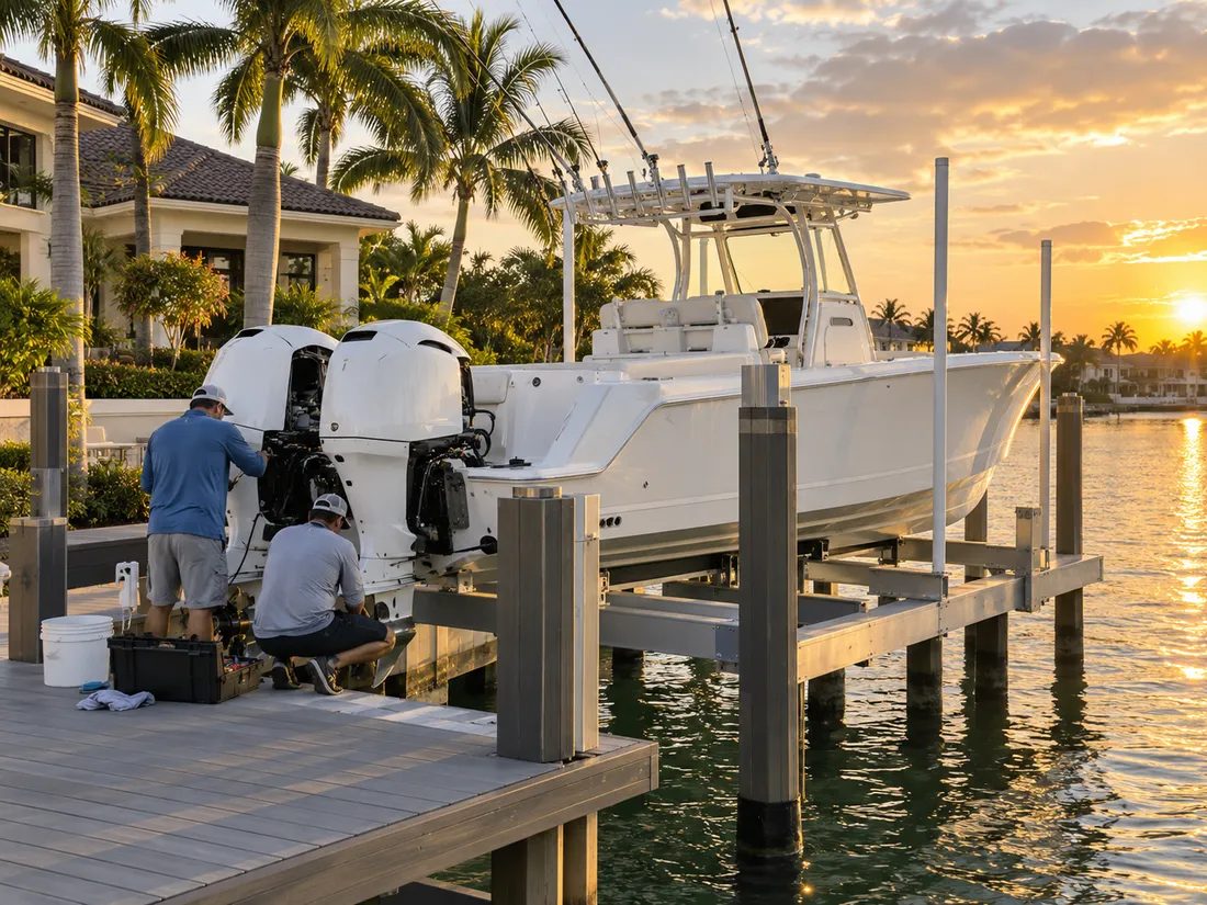 Two mechanics at the outboards of a boat on a lift