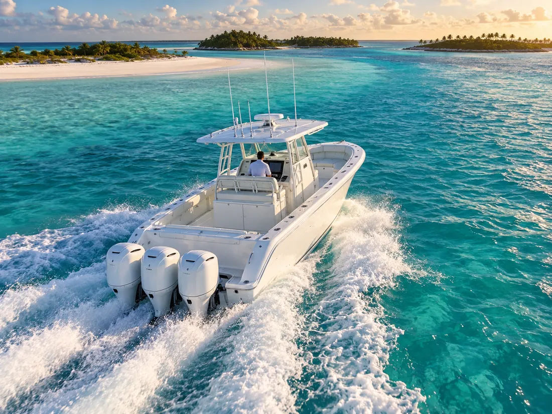 A center console running over clear water