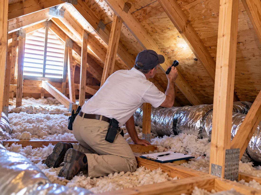 The inspector kneeling in an attic with a flashlight, rafters, insulation and ductwork