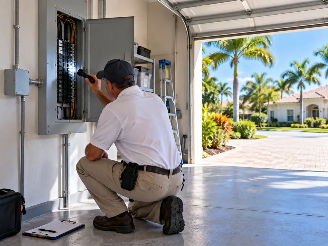The inspector crouched at an open electrical panel in a garage