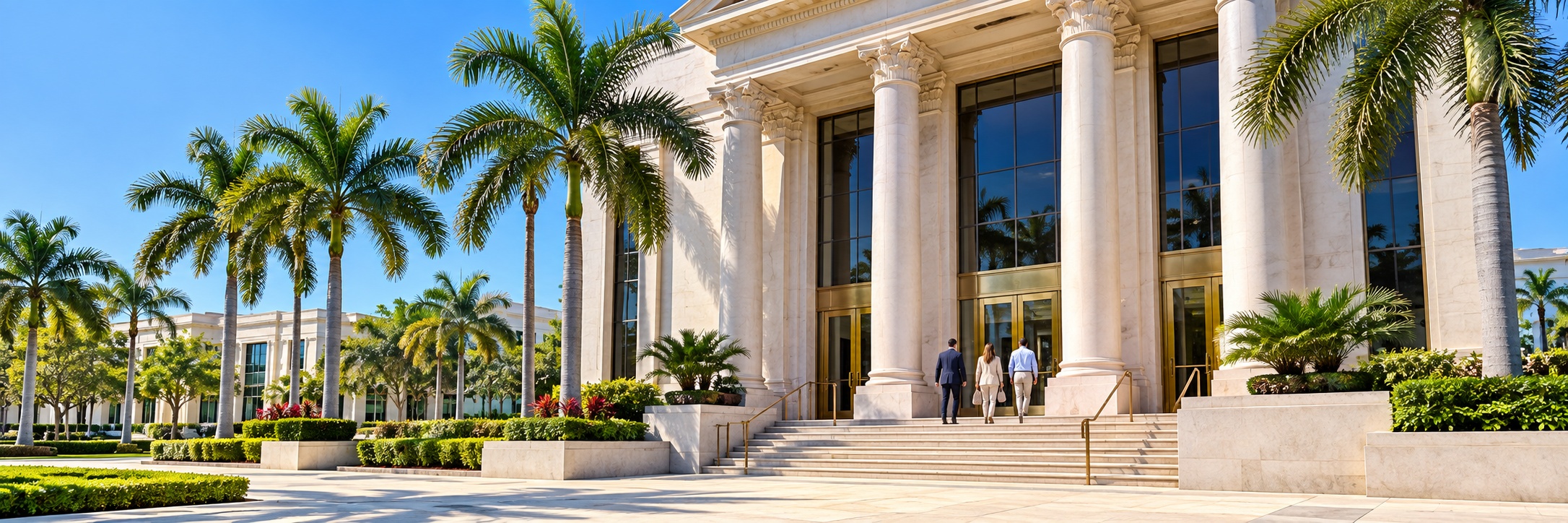 A columned building with brass doors, palms in front