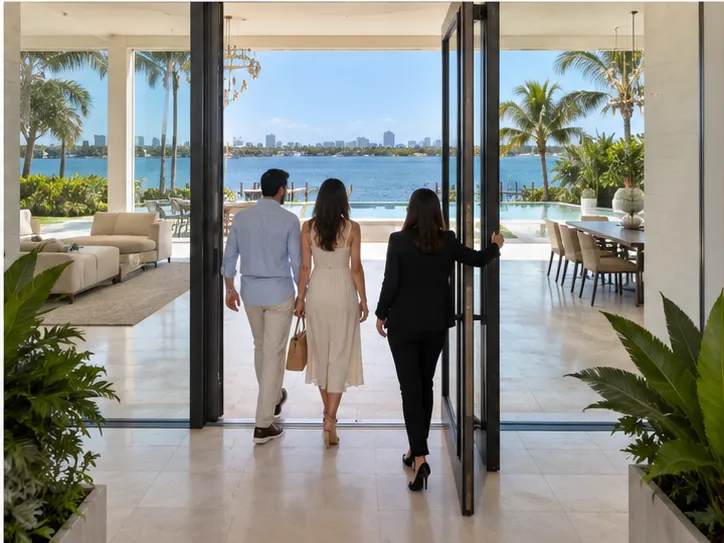The agent holding a glass door open for a couple walking in toward the water