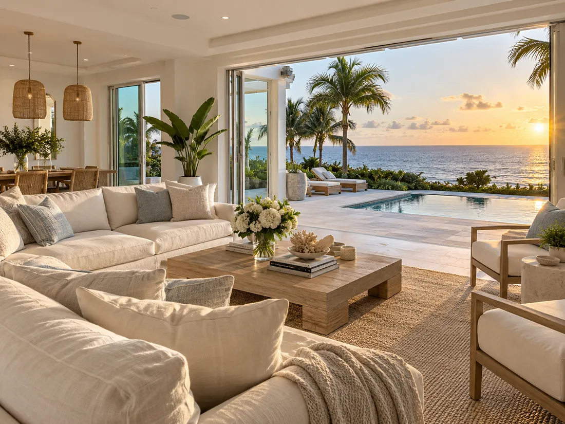 A white living room open to a pool and the sea