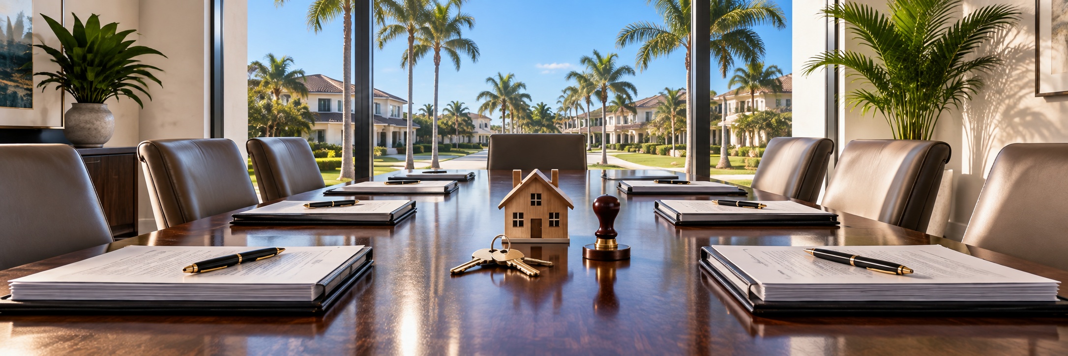 The closing table, palms and houses through the window