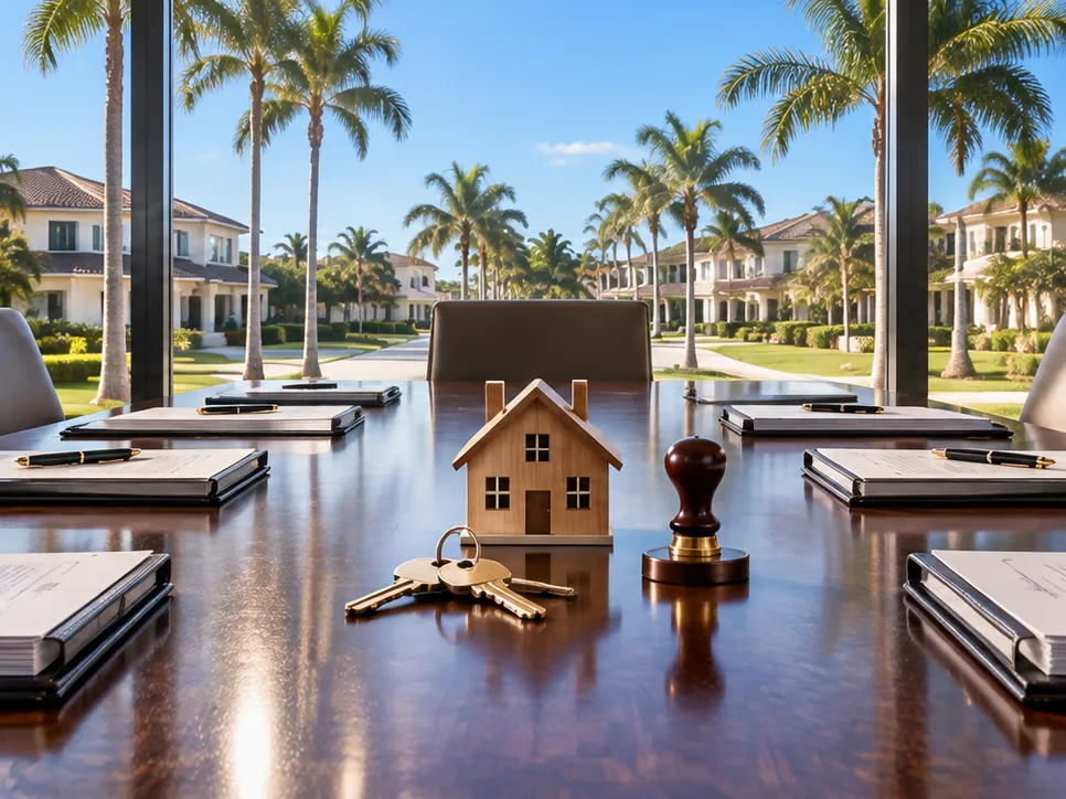 The model house, the keys and the stamp on the table