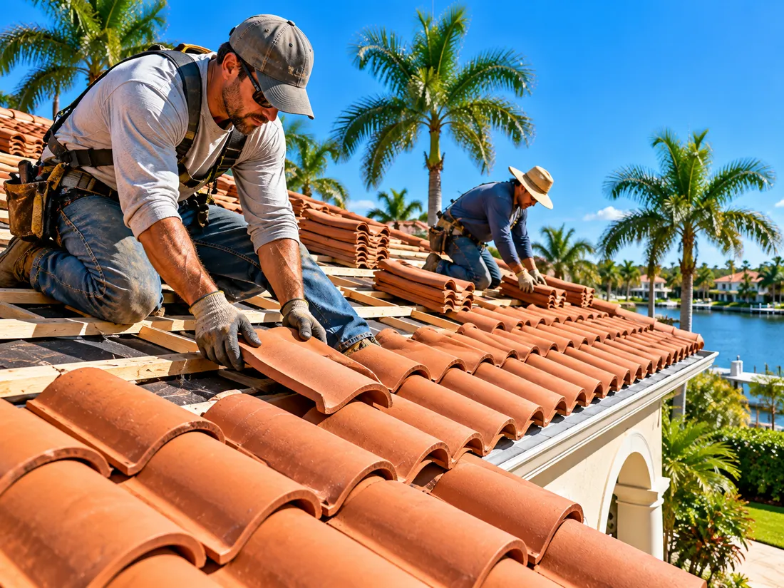 Two roofers laying barrel tile on a Florida roof, with palms and a canal behind them