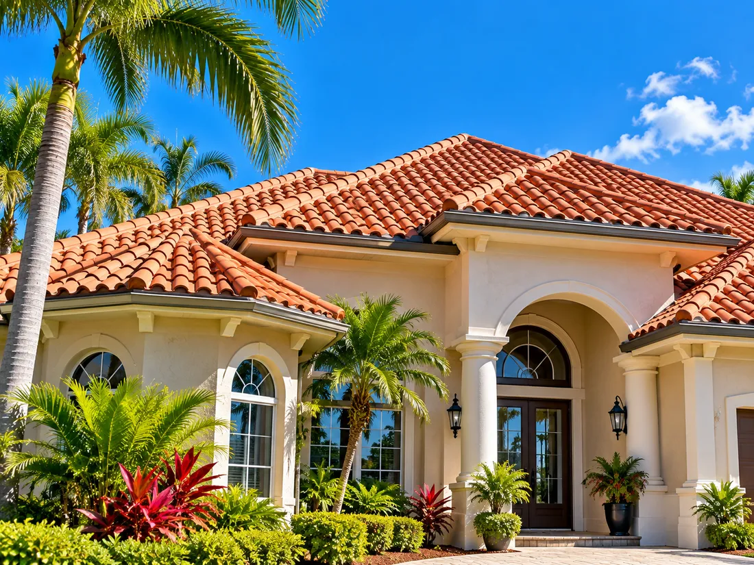 A Florida house with a new barrel tile roof, an arched entry and fresh planting