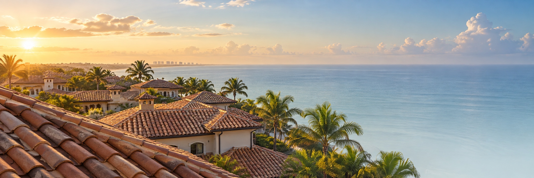 Sunrise over open water, seen from above a barrel tile roof, with tile roofed houses and palms stepping down toward a beach