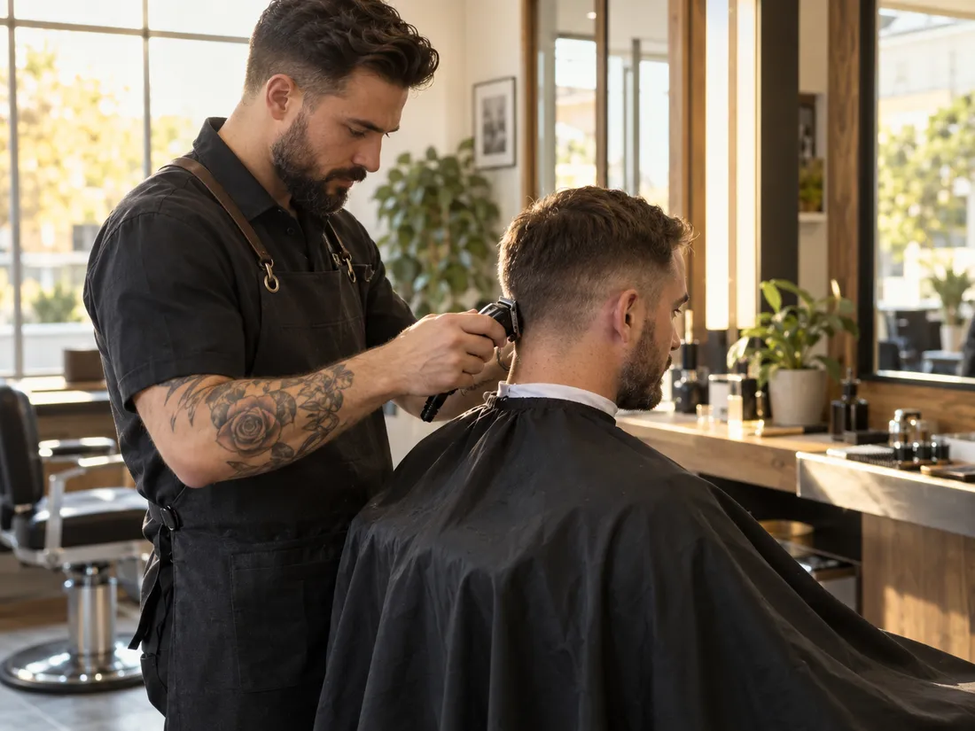 A barber running clippers up the back of a seated client's head in a bright barbershop