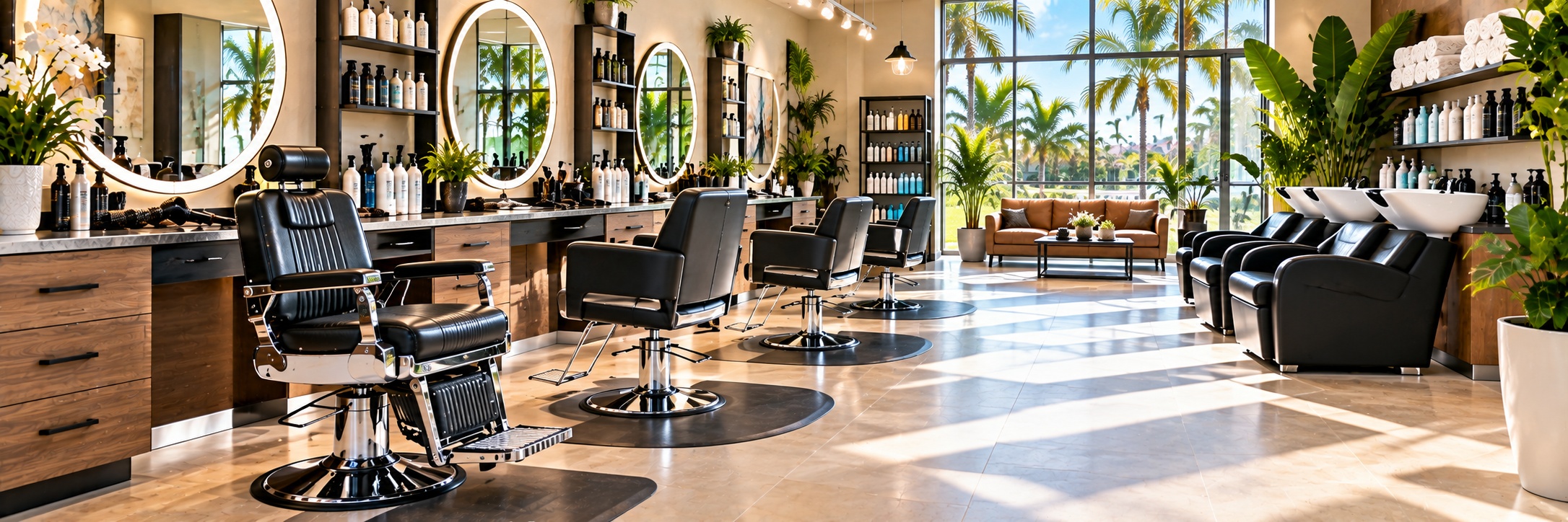 The length of a bright salon, with a black leather barber chair in front, styling chairs down the middle, round lit mirrors along the left wall, wash basins down the right and tall windows with palms at the far end