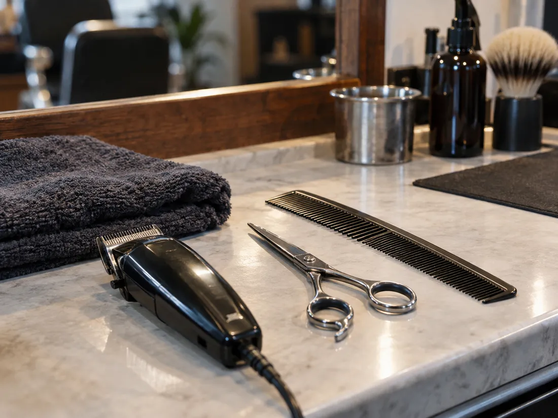Clippers, scissors, a comb, a folded towel and a shaving brush laid out on a marble counter