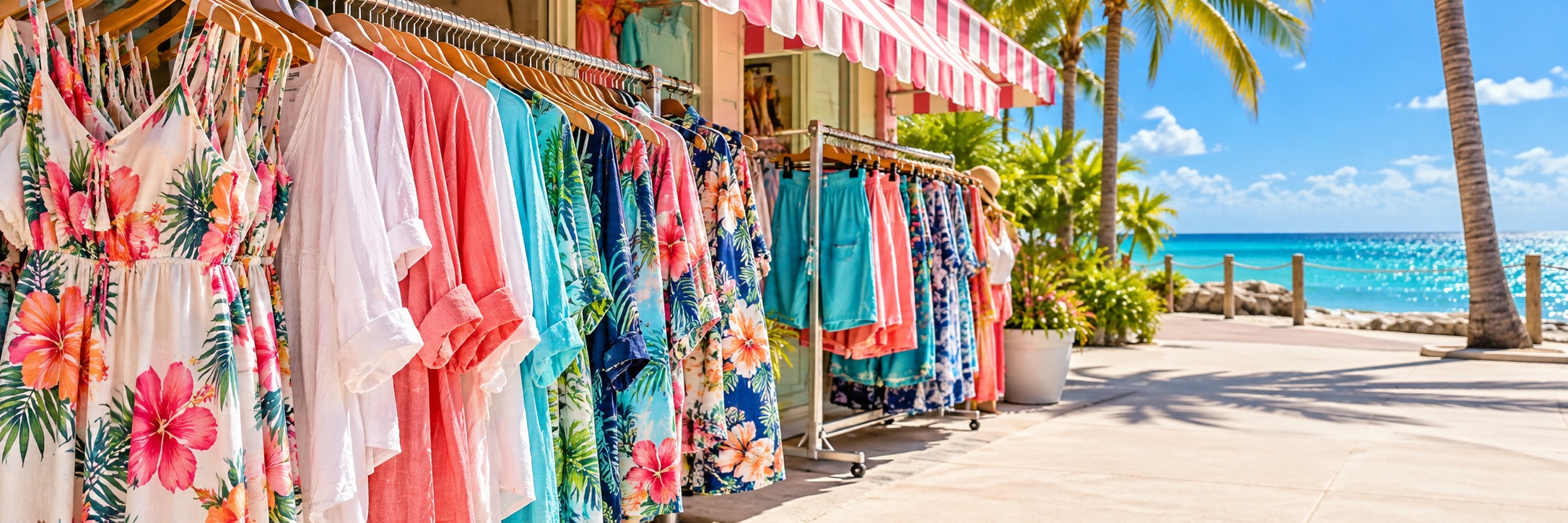 Rails of printed dresses and shirts on the pavement outside a shop with a pink and white striped awning, with palms and a turquoise sea to the right