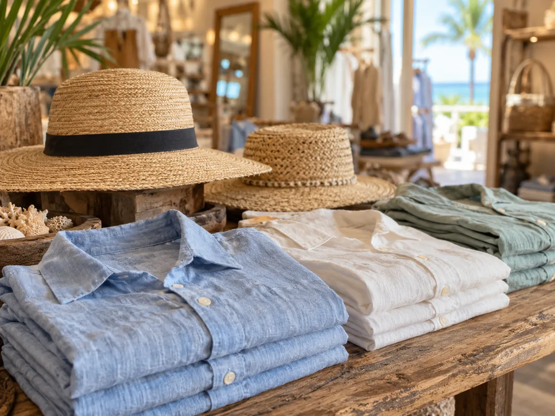 Folded linen shirts in blue, white and green beside two straw hats on a weathered wooden table