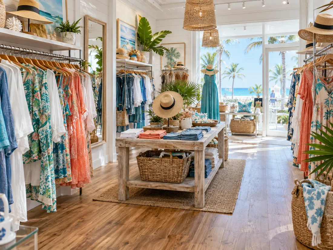The inside of a bright apparel shop with rails of clothing either side and open doors looking out to palms and the sea