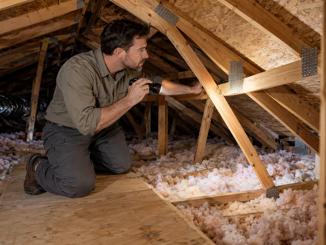 A home inspector kneeling in an attic with a flashlight, looking along the roof framing above insulation and ducting