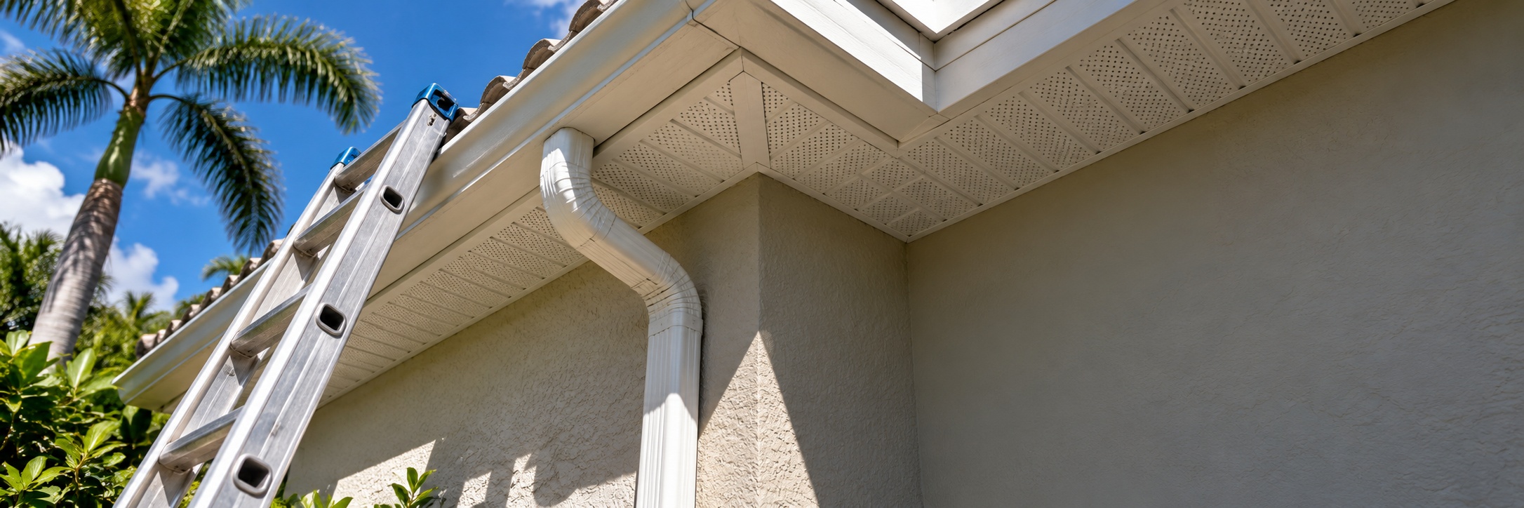 Looking up at the corner of a stucco house, with a white soffit and gutter, a downspout, a barrel tile roof edge, an aluminum ladder against the eave and a palm against blue sky