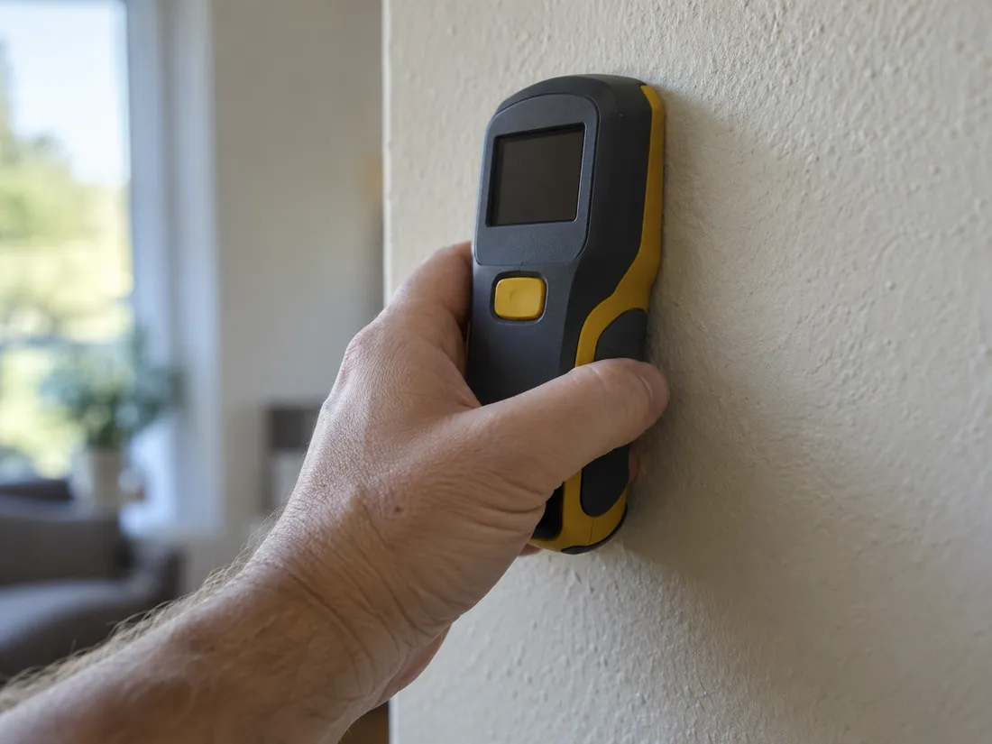 A hand holding a moisture meter flat against an interior wall beside a window