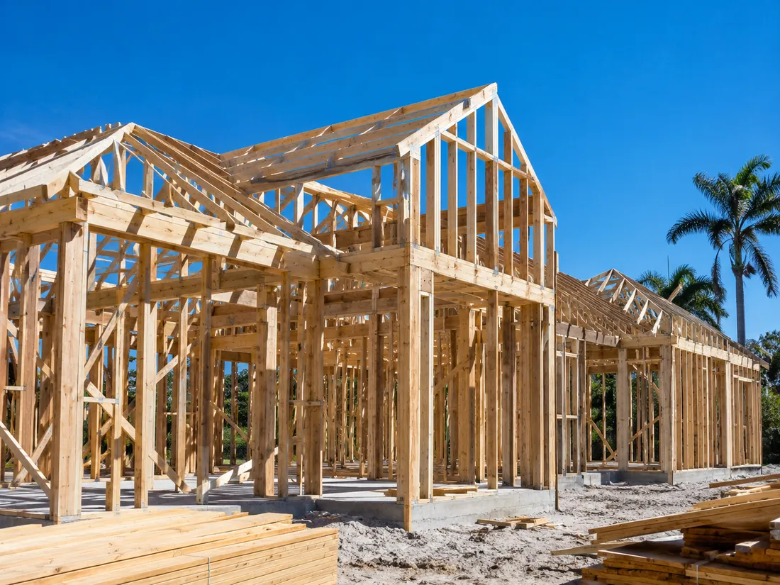 A Florida house at the framing stage, the timber structure standing on its slab with stacked lumber in front and palms behind