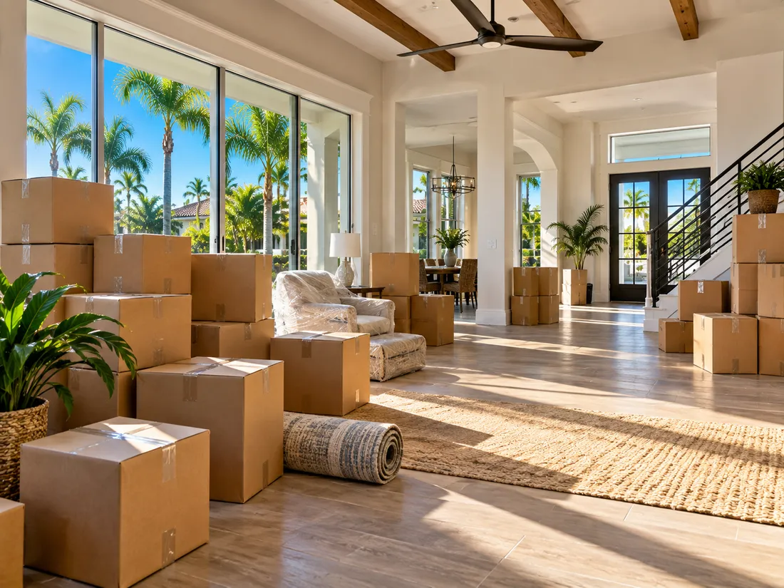 An empty room on moving day with sealed boxes stacked by the wall and sunlight through a large window
