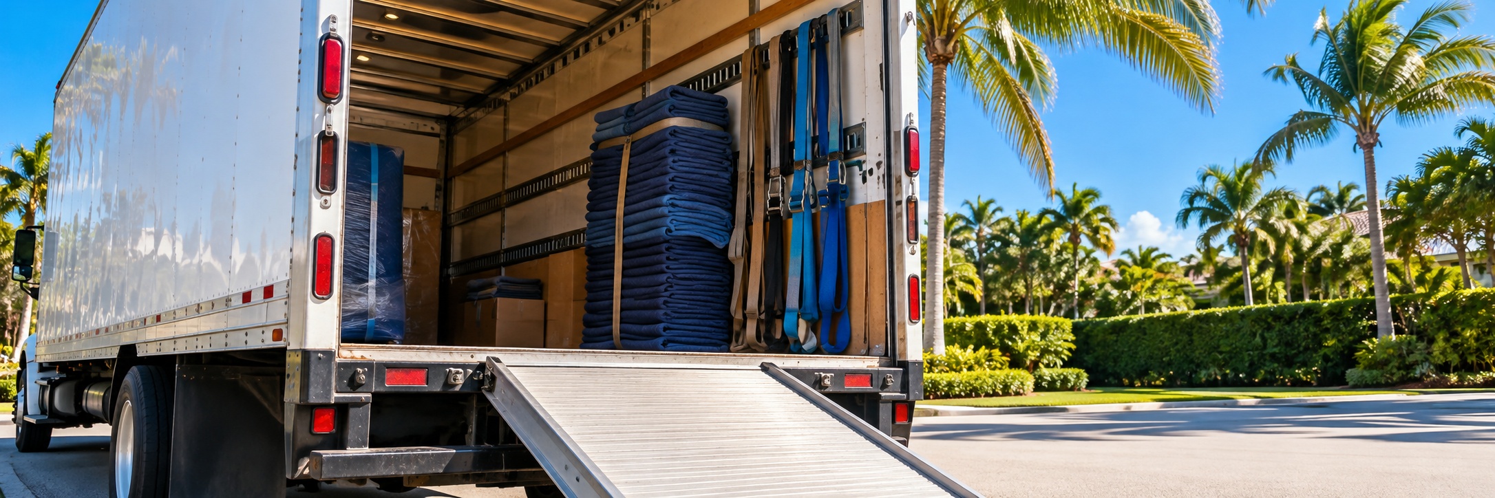 A white moving truck with its rear open and the ramp down, blankets and straps inside, palms and hedging behind