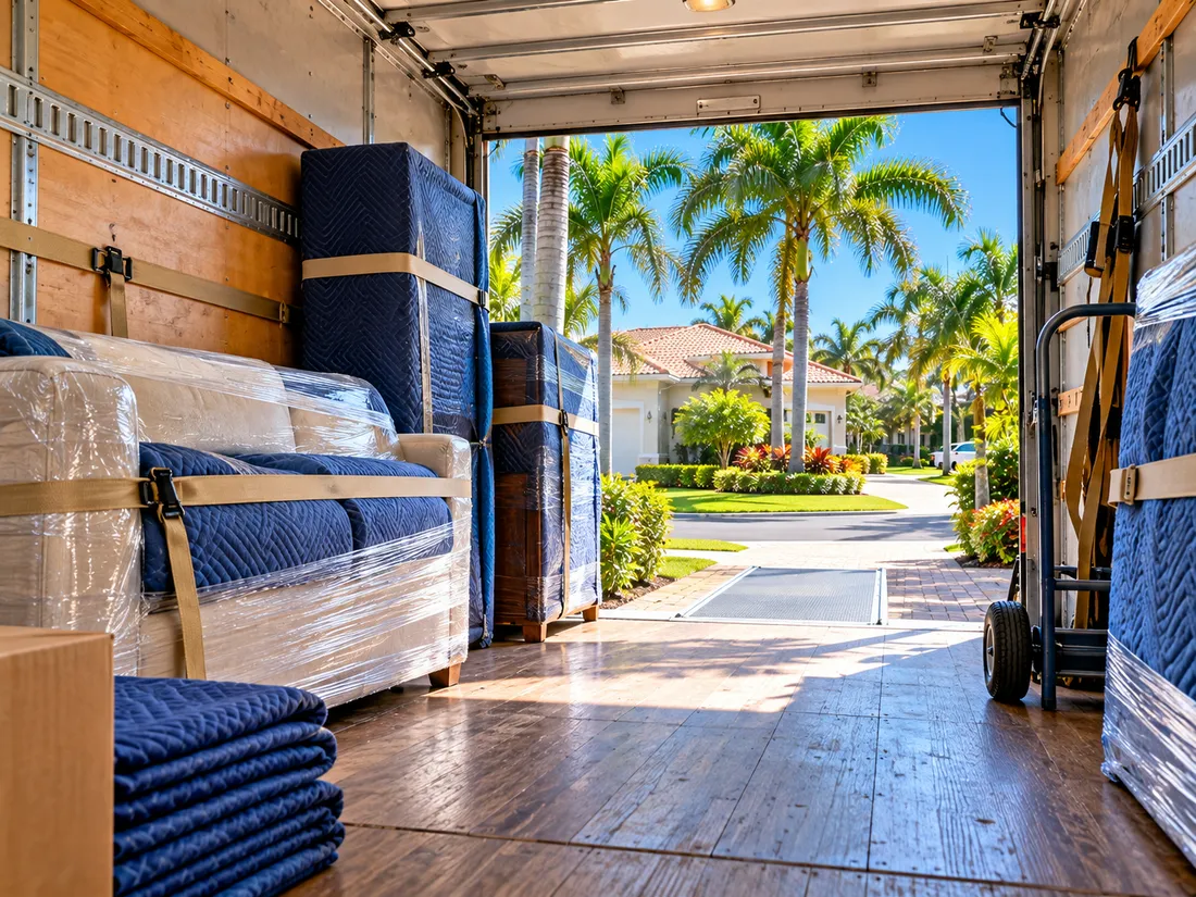 The inside of a part-loaded moving truck, furniture wrapped in blankets and strapped to the wall, daylight through the open door