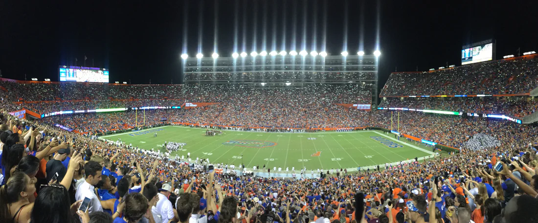 A night game at Ben Hill Griffin Stadium, October 14, 2017.