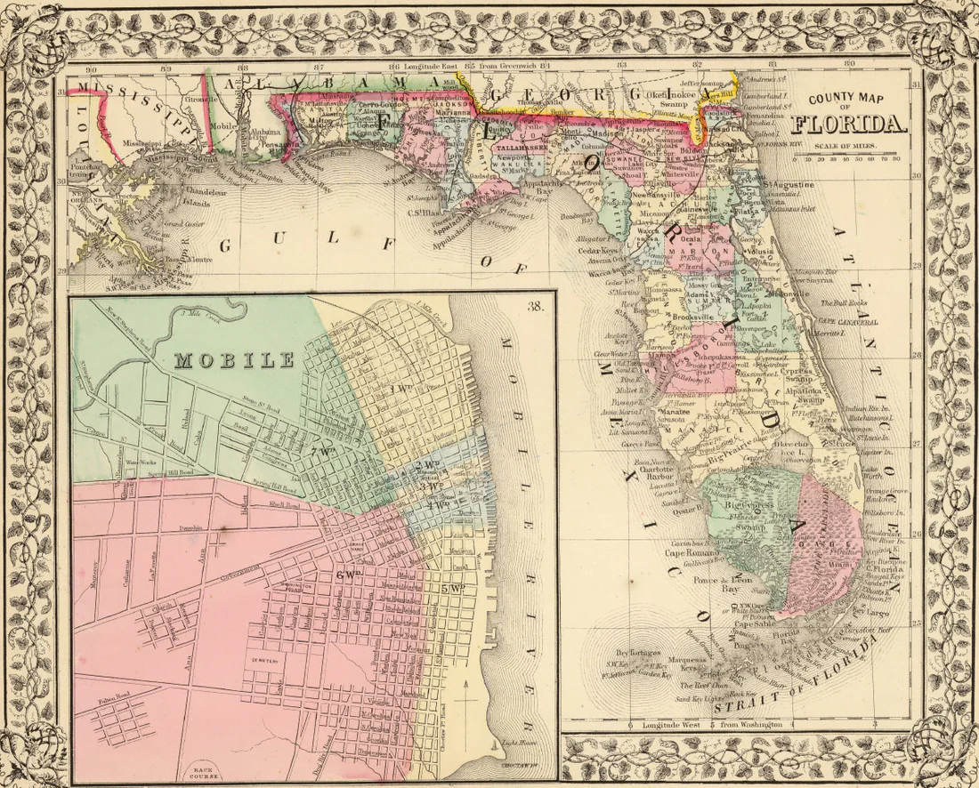 Florida's counties on a map from 1870, nine years after Baker County was created.