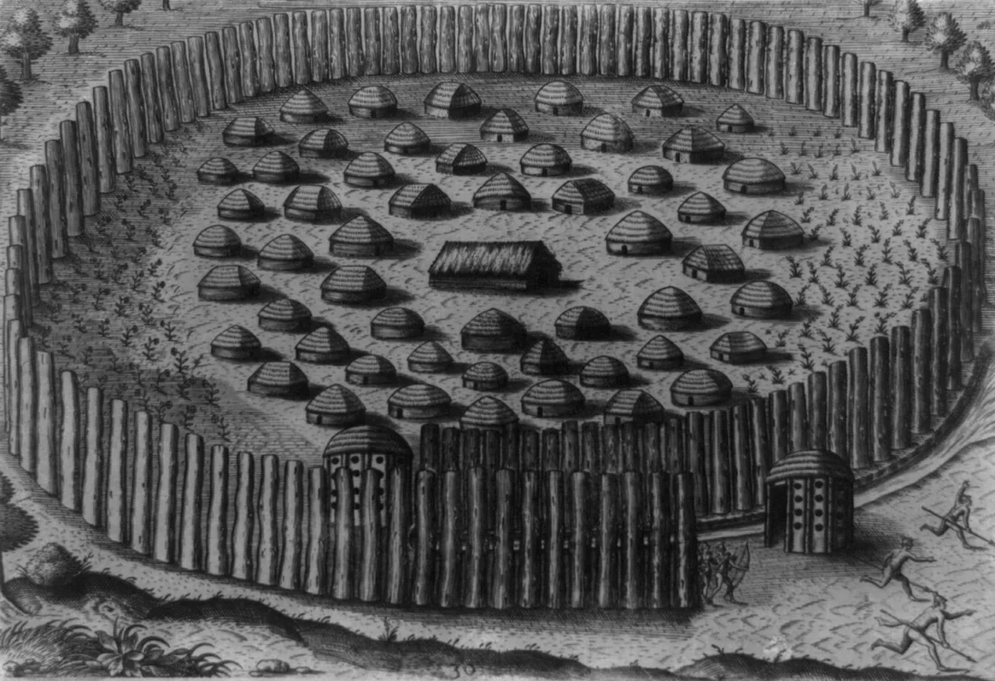 A walled Timucua village, from an engraving by Theodor de Bry, 1591.