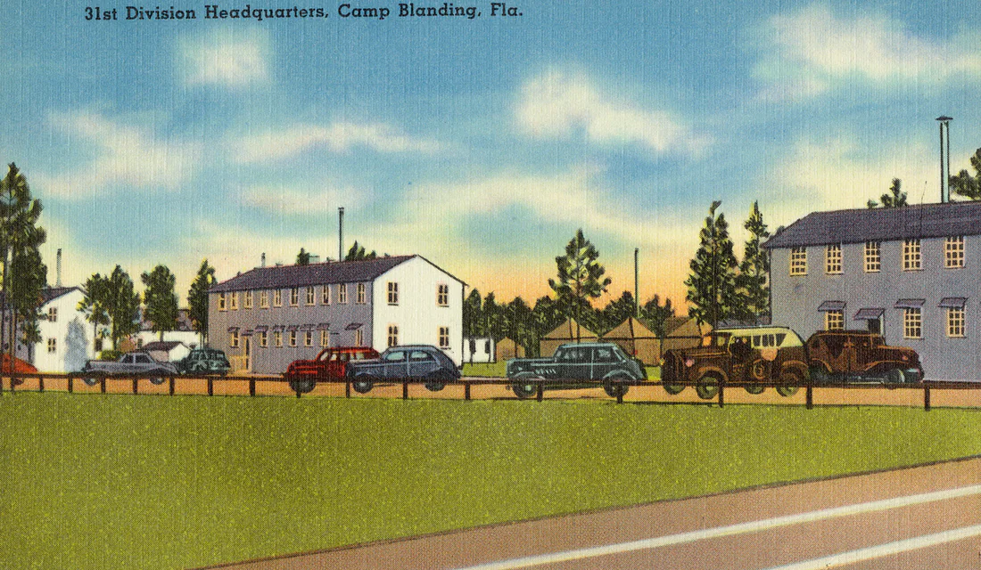 A postcard of the 31st Division headquarters at Camp Blanding, where the courthouse workers were sent.