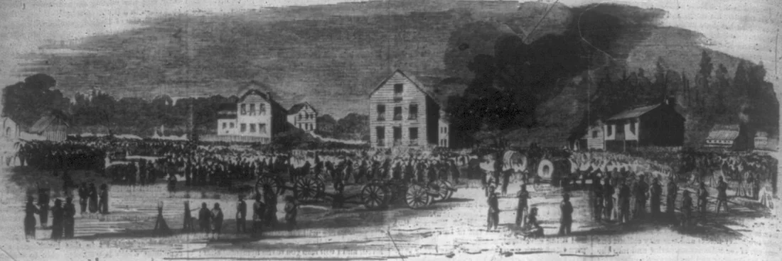 Union troops in Sanderson, the railroad town, shortly before the Battle of Olustee, 1864.