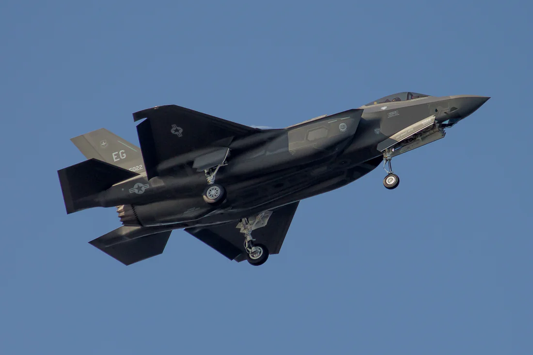 An F-35A fighter on approach to Tyndall Air Force Base, 2014.